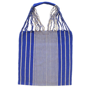Blue Striped Hammock Mexican Chiapas Oaxaca Cotton Cloth Tote Bag With Braided Handles - Mystic World Finds