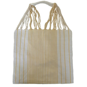 White Striped Hammock Mexican Chiapas Oaxaca Cotton Cloth Tote Bag With Braided Handles - Mystic World Finds