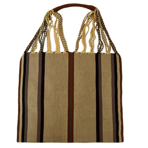 Natural Beige Striped Hammock Mexican Chiapas Oaxaca Cotton Cloth Tote Bag With Braided Handles - Mystic World Finds