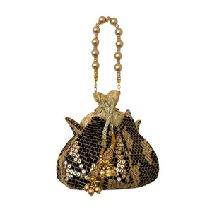 Black Matte Gold Embroidered Sequins Golden Bead Handle Potli Bag - Mystic World Finds