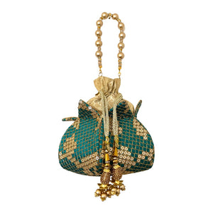Teal Matte Gold Embroidered Sequins Golden Bead Handle Potli Bag - Mystic World Finds
