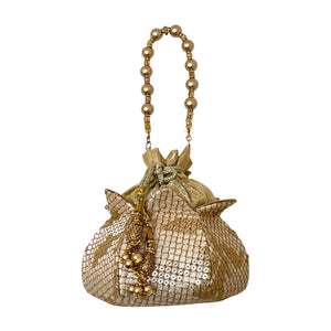 Gold Matte Gold Embroidered Sequins Golden Bead Handle Potli Bag - Mystic World Finds