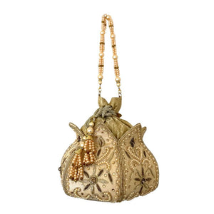 Ivory Lotus Potli Evening Bag with Pearl String Handles - Mystic World Findsa