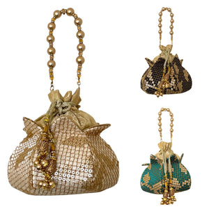 Matte Gold Embroidered Sequins Golden Bead Handle Potli Bag - Mystic World Finds