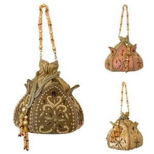 Golden Pearl Lotus Potli Evening Bag with Pearl String Handles - Mystic World Finds
