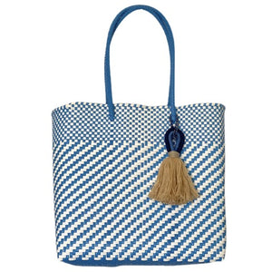 BLUE Large Mexican Oaxaca Plastic Mercado Tote with Double Horseshoe Tassel - Mystic World Finds