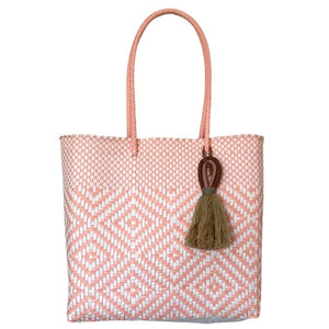 Pink Large Mexican Oaxaca Plastic Mercado Tote with Double Horseshoe Tassel - Mystic World Finds