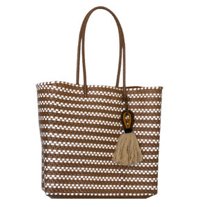 Brown & White Large Mexican Plastic Mercado Tote with Tassel - Mystic World Finds