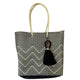 Cream and Black Waves Large Mexican Oaxaca Plastic Mercado Tote with Double Loop Horseshoe Pom Pom Tassel - Mystic World Finds