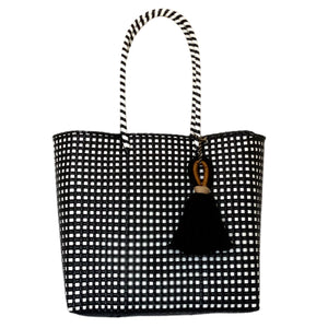 White and Black Large Mexican Oaxaca Plastic Mercado Tote with Double Loop Horseshoe Pom Pom Tassel - Mystic World Finds