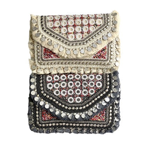 8" x 11" boho fringed banjara gray and cream hand stitched beaded and coins clutch handbag made in India - Mystic World Finds