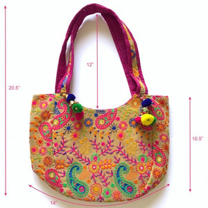 Indian Velvet Boho Banjara Kutchi Gypsy Tribal Handbag with Pom Poms - Mystic World Finds