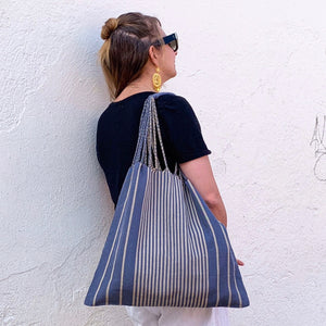 Blue Striped Hammock Mexican Bag With Braided Handles - Mystic World Finds