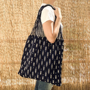 Guatemalan Navy Blue  Ikat Jaspe Natural Dyes Hammock Bag, Mud Cloth Tote With Braided Handles - Mystic World Finds