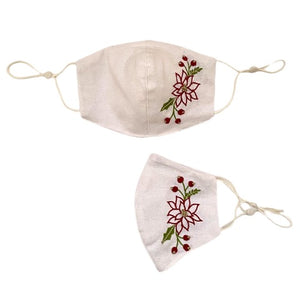 Hand Embroidered White, Red & Gold Poinsettia Holiday Winter Face Mask. Washable, Nose Wire, Adjustable Ear Straps - Mystic World Finds