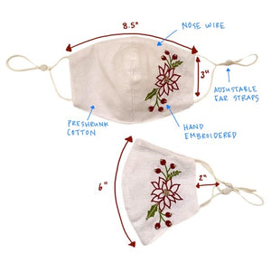 Hand Embroidered White, Red & Gold Poinsettia Holiday Winter Face Mask. Washable, Nose Wire, Adjustable Ear Straps - Mystic World Finds