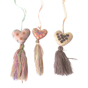 embroidered chiapas felt small pink  heart with pom pom and tassel purse charm - mystic world finds