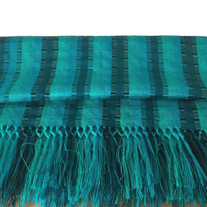 Striped Emerald Green Teal Hand Woven Hand Dyed Tassel Shawl Wrap from Guatemala