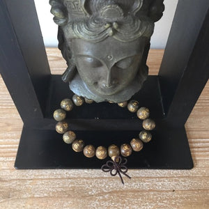 Black Brown Wood Bead with Gold Ink Carved  Compassion Buddha Mantra  Carved Gold Ink Etched Wood Bead Mala Bracelet - Mystic World Finds