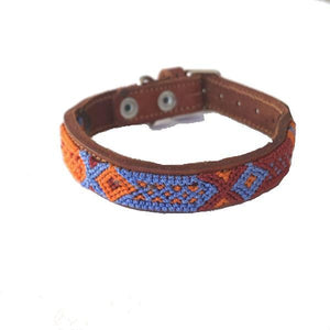 Small Dog Blue and Orange Leather Tribal Dog Collar - Mystic World Finds