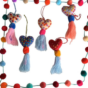 embroidered chiapas felt  heart with pom pom and tassel purse charm - mystic world finds