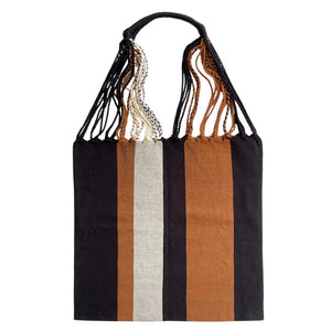 Black Nude Tan - Striped Hammock Mexican Chiapas Oaxaca Cotton Cloth Tote Bag With Braided Handles - Mystic World Finds