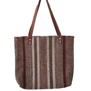 Brown Striped Oaxaca Wool Rug Laptop Purse with Leather Handles - Mystic World Finds