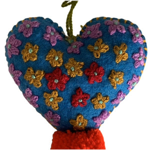 embroidered chiapas felt blue  heart with pom pom and tassel purse charm - mystic world finds