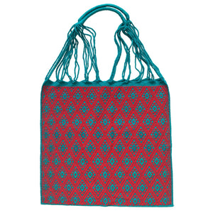 Fully Embroidered Aqua and Red Chiapas Hammock Bag with Braided Handles - Mystic World Finds