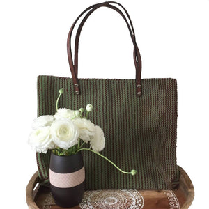 Teotitlan Zapotec Green Striped Wool Tote with Leather Handles - Mystic World Finds