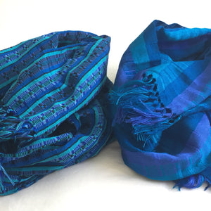 Guatemalan Mayan tassel striped shawl scarf blue - Mystic World Finds