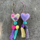 embroidered chiapas felt lavender  heart with pom pom and double tassel purse charm - mystic world finds