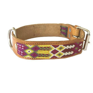 Large Dog Pink and Yellow Leather Tribal Dog Collar - Mystic World Finds